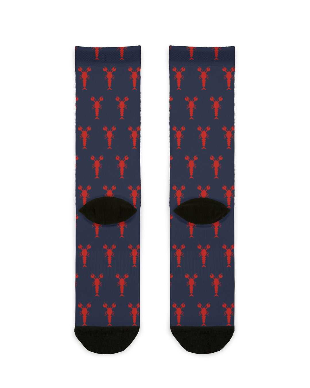 Back of the navy Property of Block Island lobster socks with red lobsters and black heels, Rhode Island socks