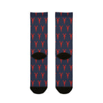 Back of the navy Property of Block Island lobster socks with red lobsters and black heels, Rhode Island socks