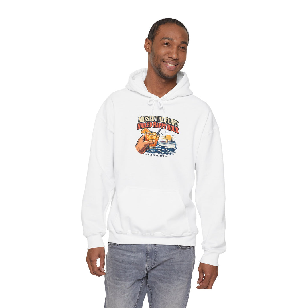 Man in jeans showing the front cocktail and ferry print on the white Block Island hoodie