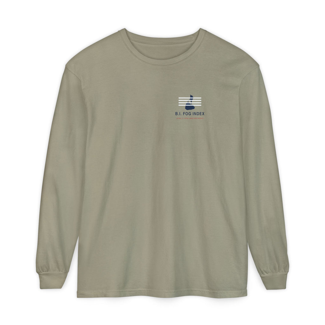 Block Island Fog Index long sleeve: five fog levels from Clear to Island Classic with ferry illustrations — view 2