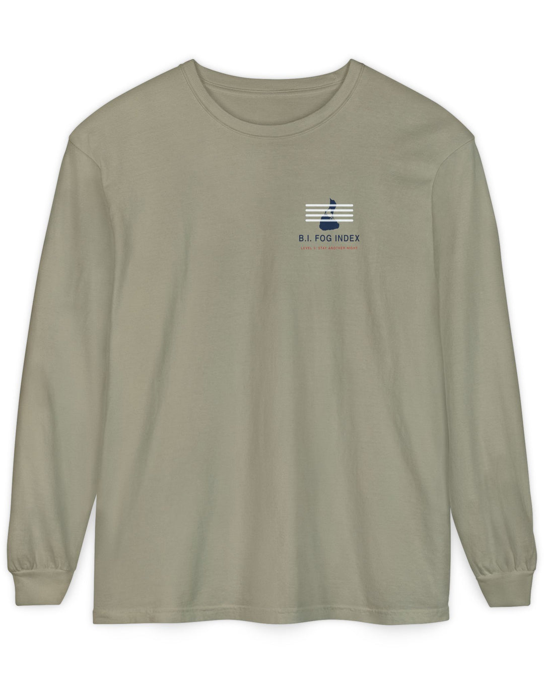 Block Island Fog Index long sleeve: five fog levels from Clear to Island Classic with ferry illustrations — view 2
