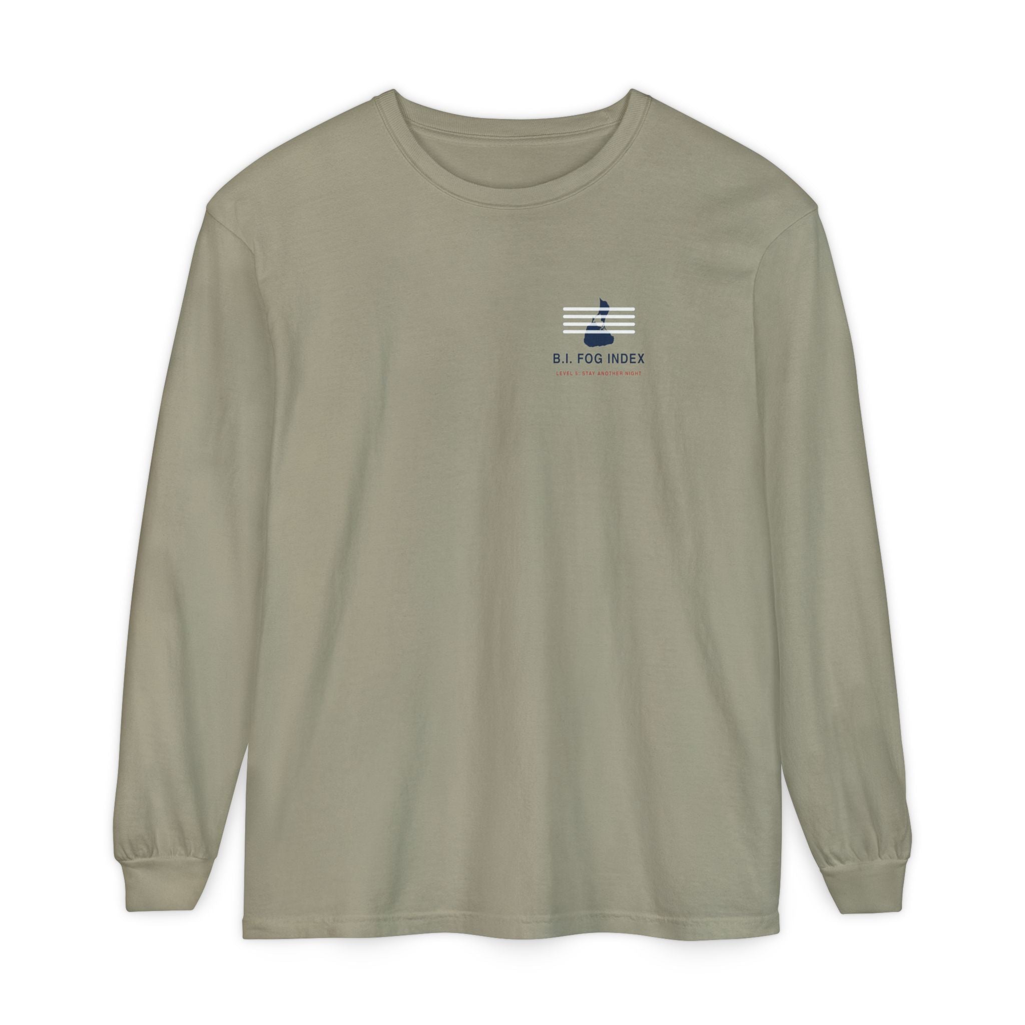 Block Island Fog Index long sleeve: five fog levels from Clear to Island Classic with ferry illustrations — view 2