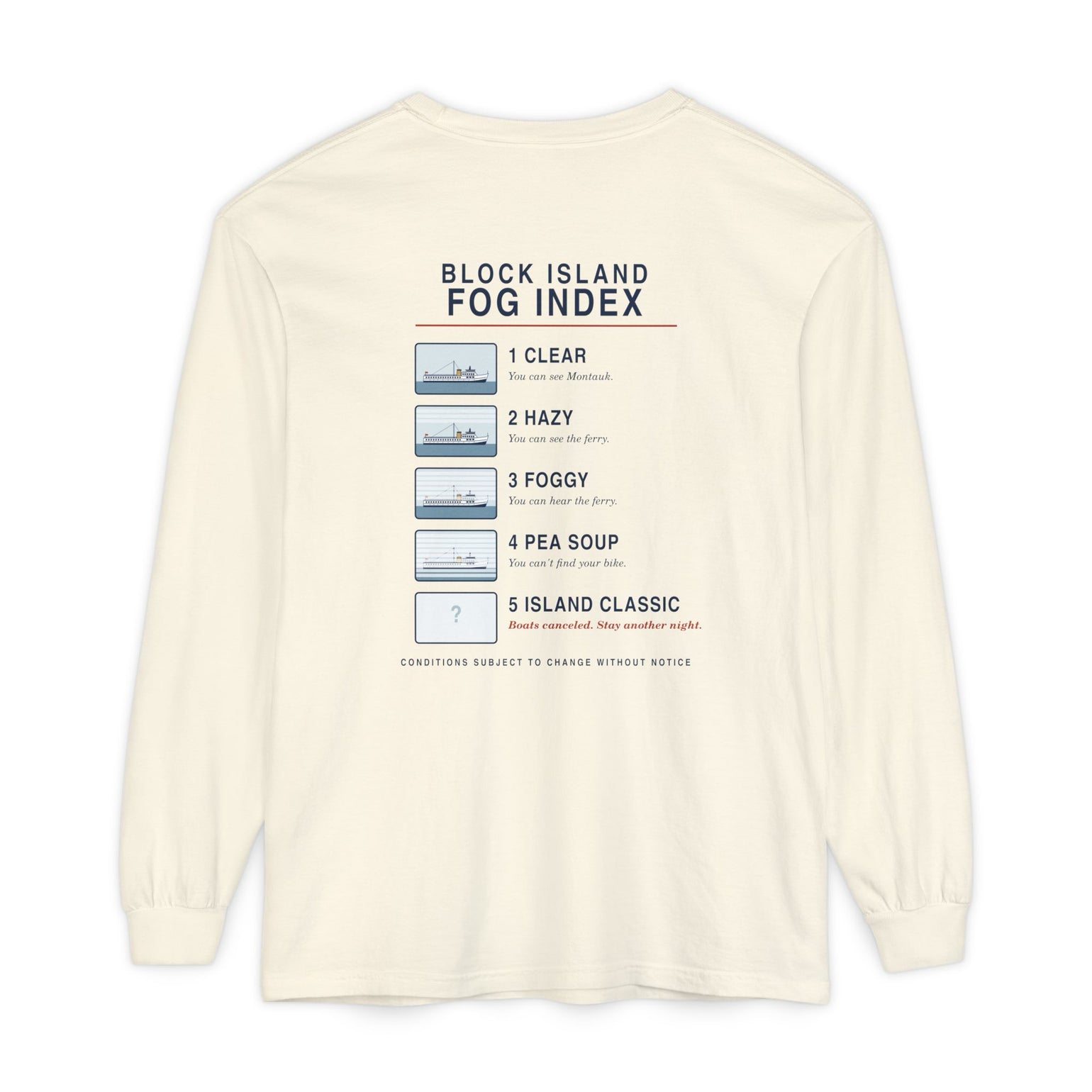 Block Island Fog Index long sleeve: five fog levels from Clear to Island Classic with ferry illustrations — view 5