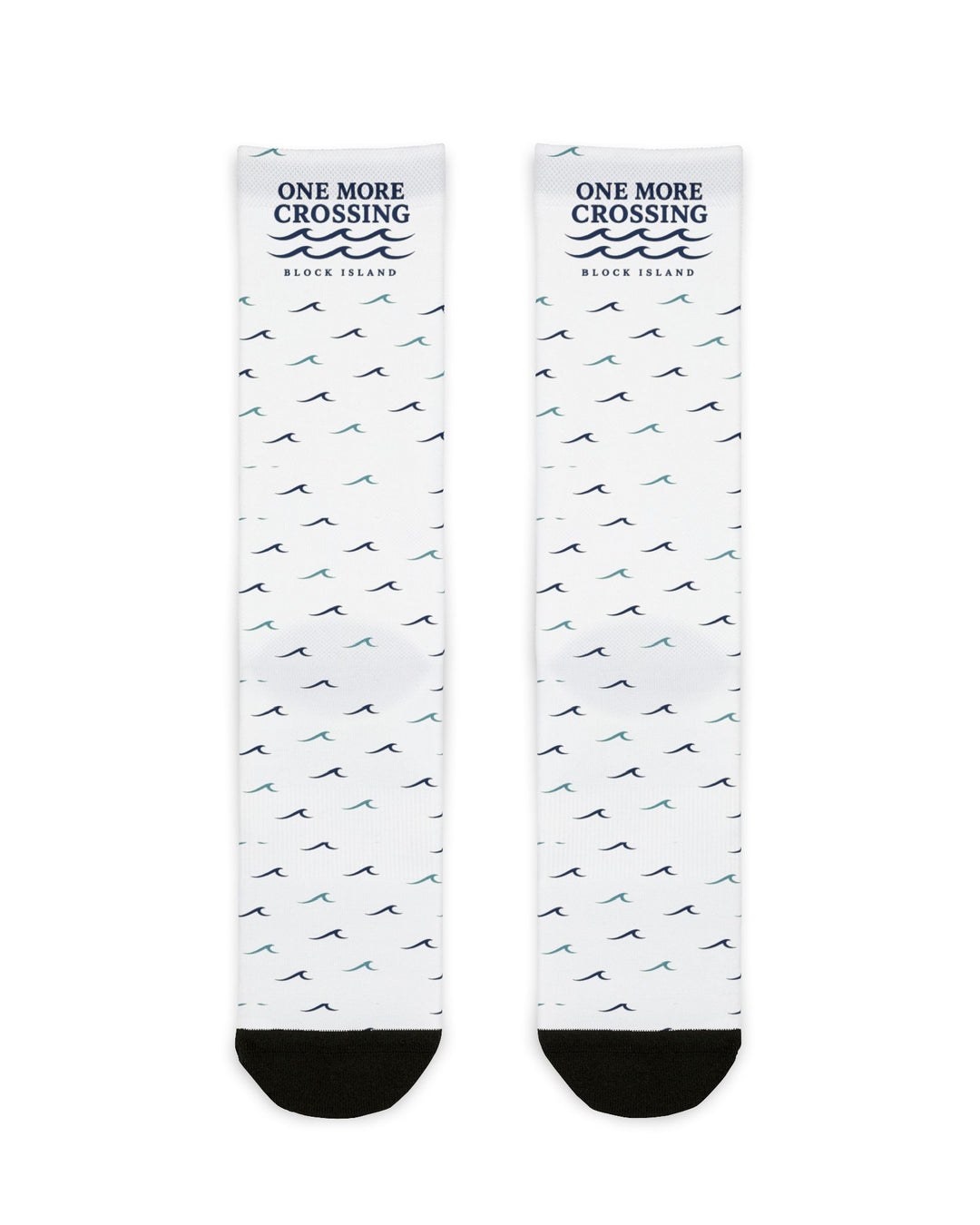 One More Crossing Block Island socks flat lay front, white with navy wave logo and navy and teal wave pattern