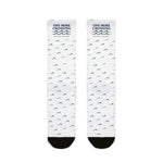 One More Crossing Block Island socks flat lay front, white with navy wave logo and navy and teal wave pattern