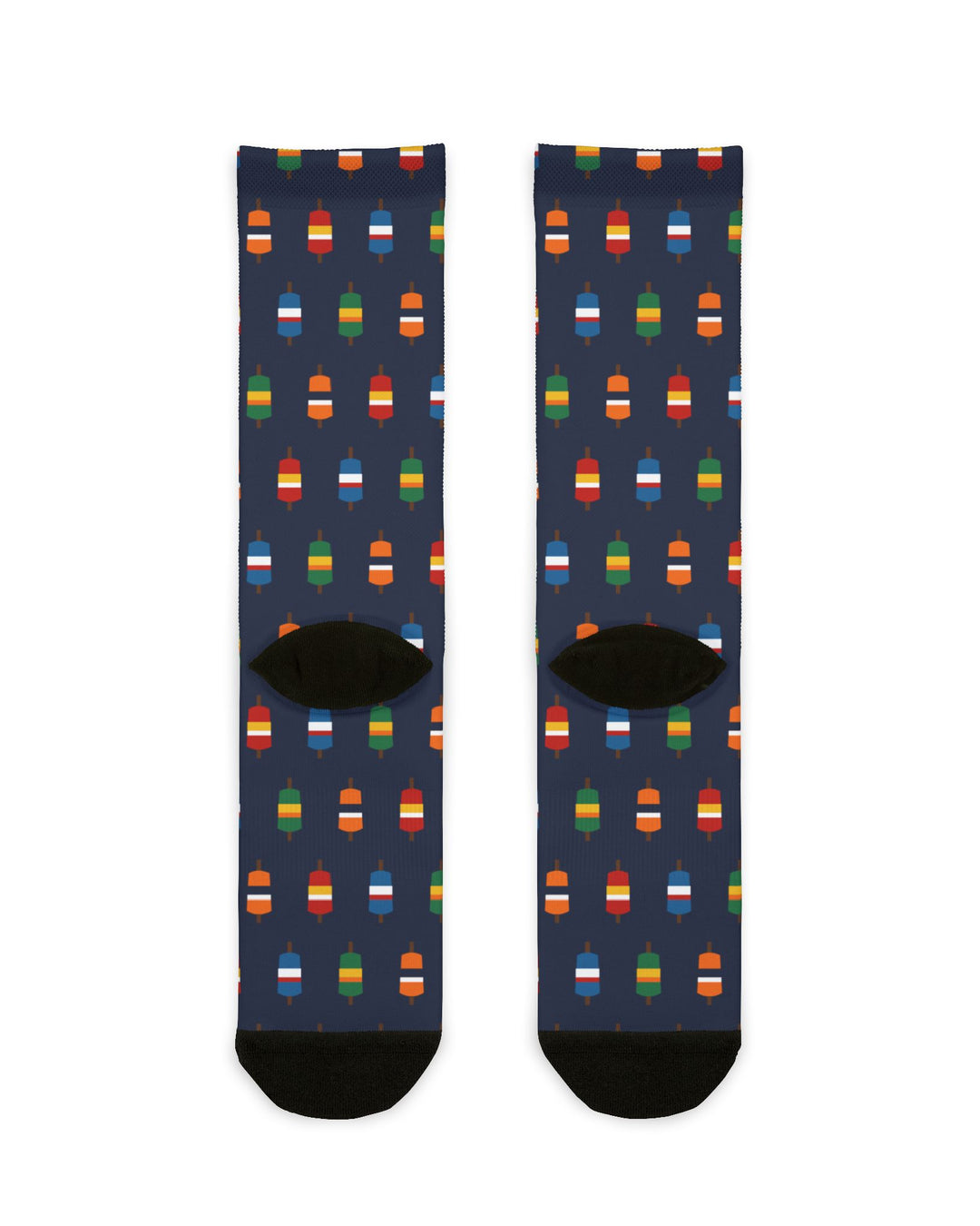 Back of navy Nice Buoys crew socks showing the multicolor lobster buoy pattern and black heels, flat lay