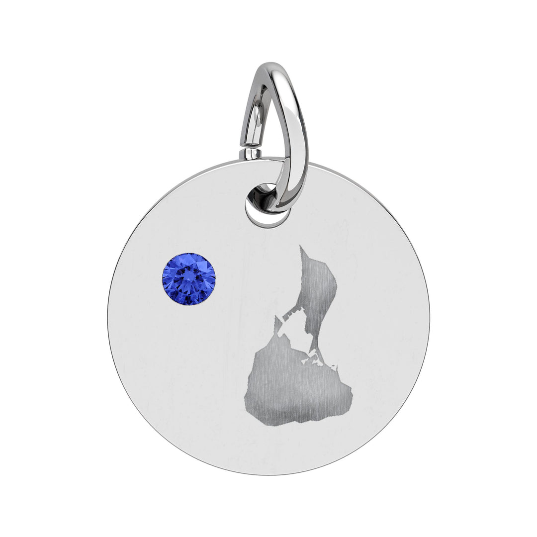 Round engraved Block Island charm with a cubic zirconia birthstone