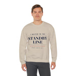 Man in gray pants wearing the sand I Waited in the Standby Line crewneck, a Block Island gift