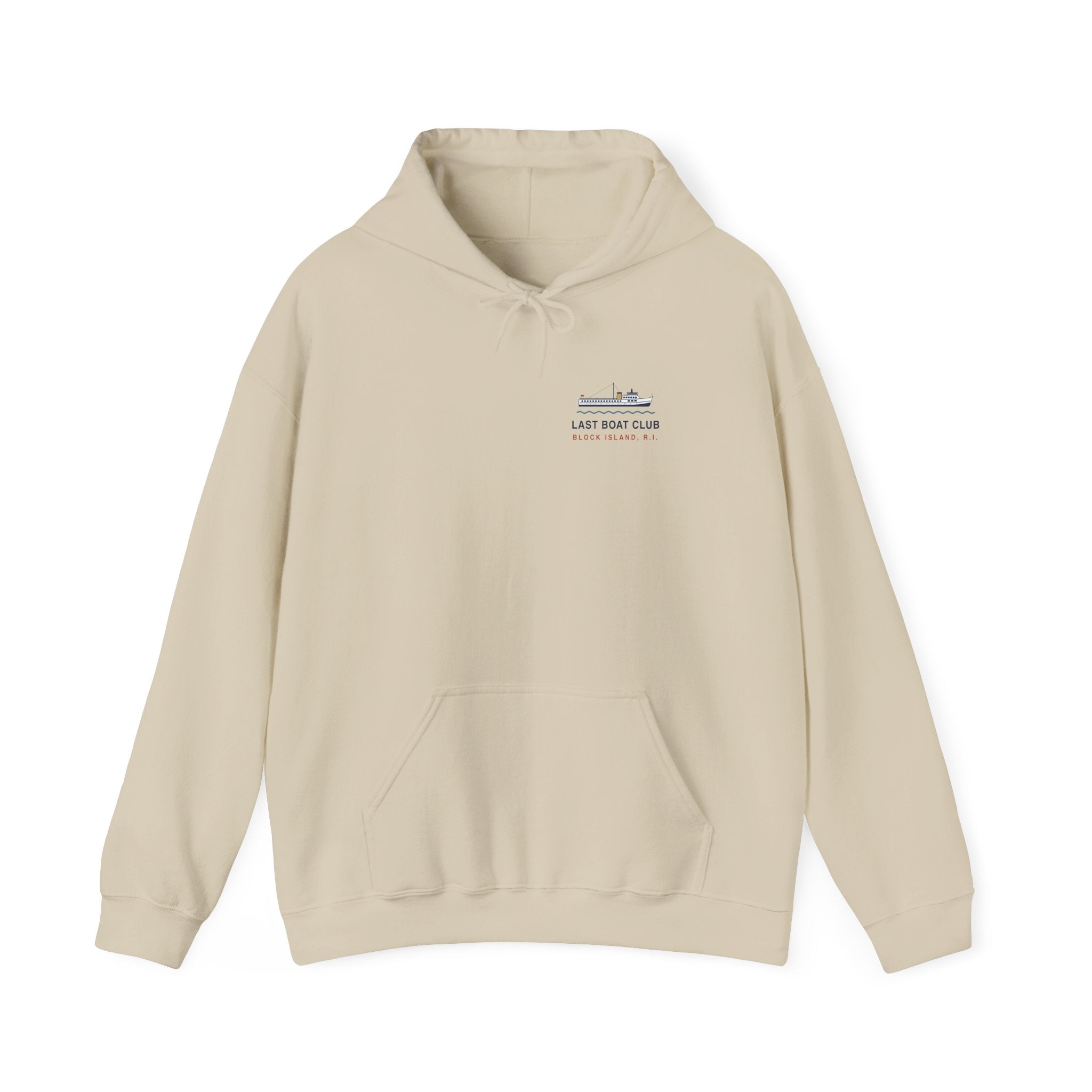 Last Boat Club hoodie: M/V BLOCK ISLAND ferry against a striped sunset, Block Island R.I. — view 2