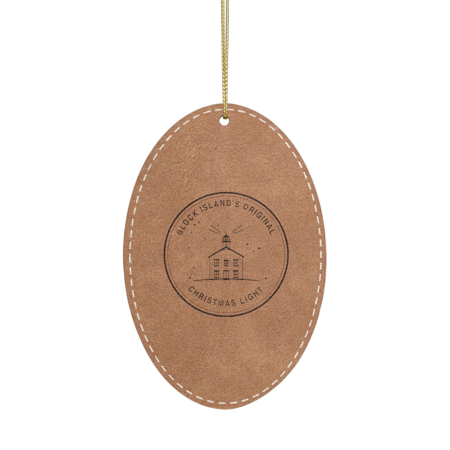 laser-engraved North Light leatherette ornament with engraved lighthouse detail