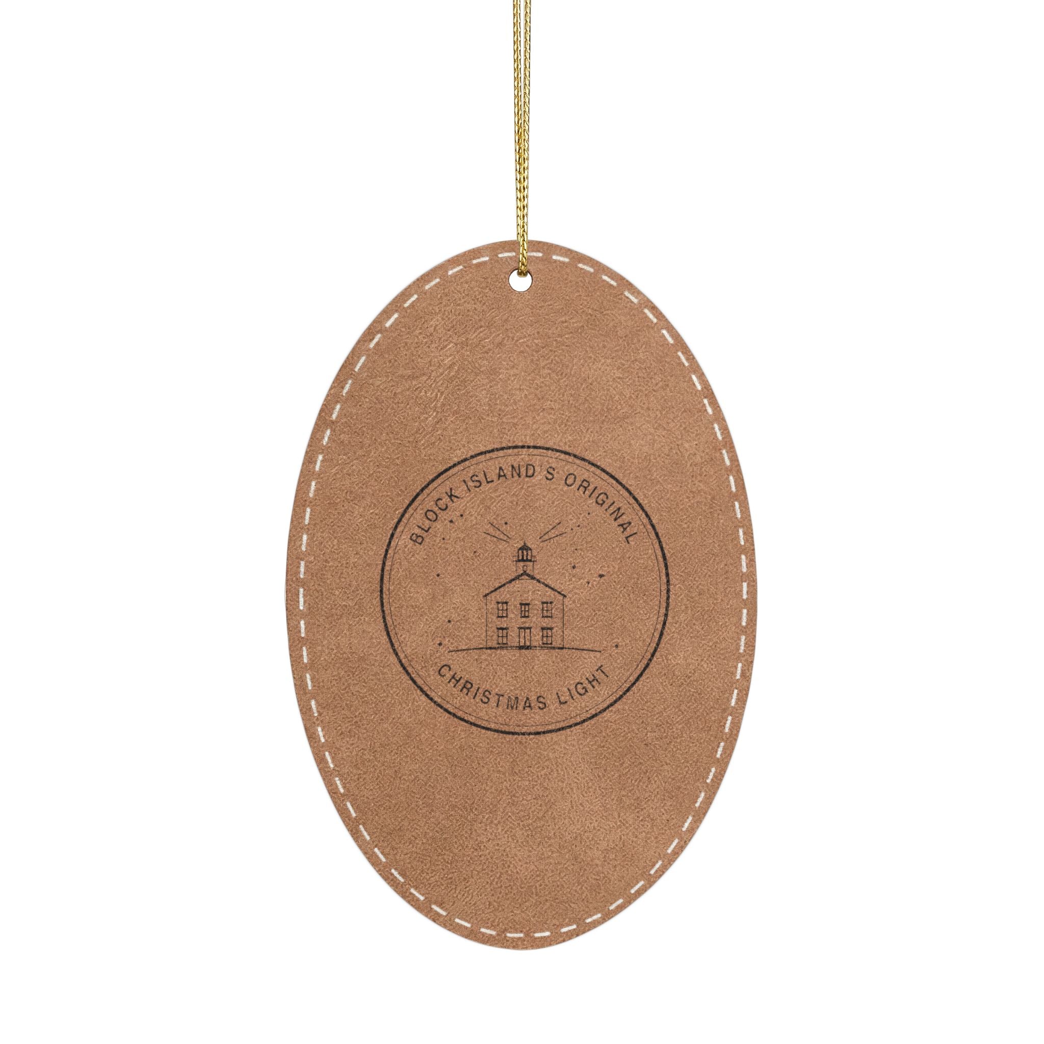 laser-engraved North Light leatherette ornament with engraved lighthouse detail