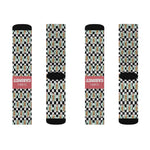 Flat lay of four I'll Have a Cabinet socks, fronts and backs, checkered funny beach socks with black toes and red bands
