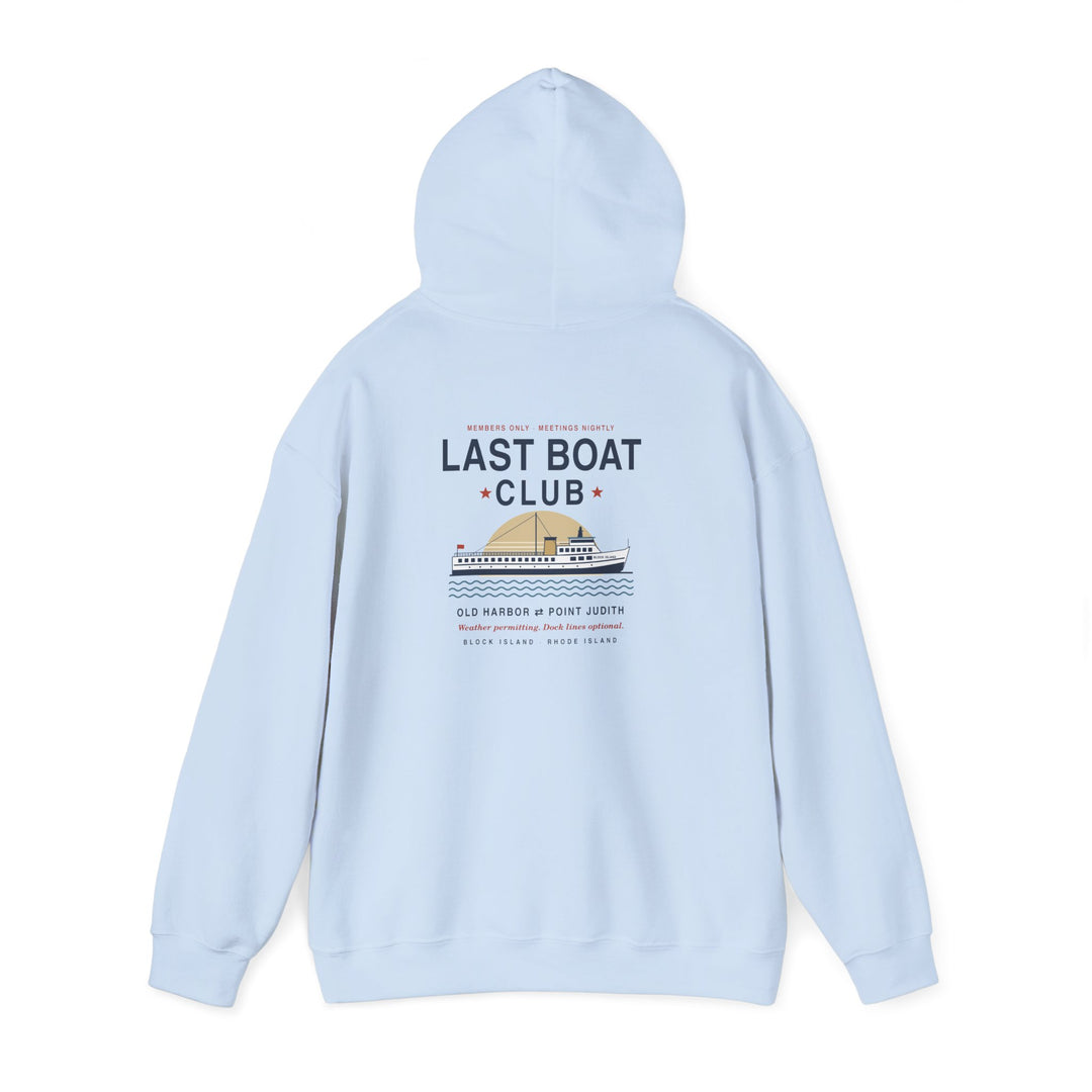Last Boat Club hoodie: M/V BLOCK ISLAND ferry against a striped sunset, Block Island R.I. — view 45