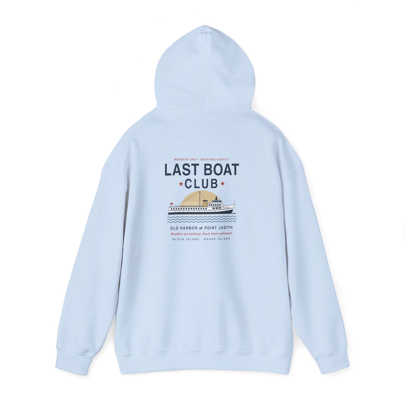Last Boat Club hoodie: M/V BLOCK ISLAND ferry against a striped sunset, Block Island R.I. — view 45