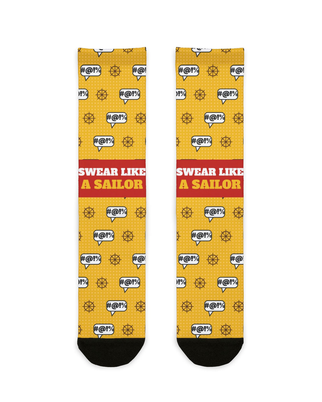 BlockBoundRI Swear Like a Sailor funny beach socks, yellow with grawlix #@!% speech bubbles and ship wheels, flat lay