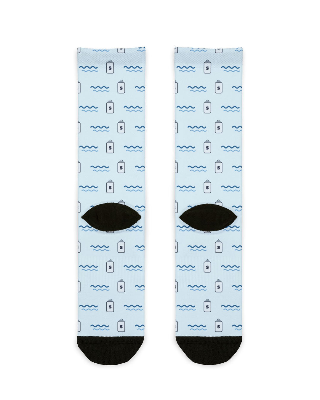 Back flat lay of Stay Salty Ocean State crew socks showing black heels and a light blue wave pattern