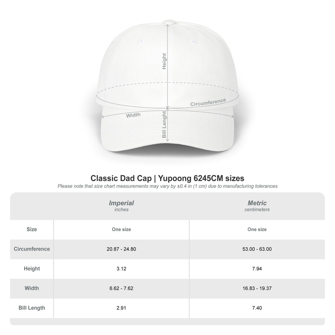 Size chart for the Crossing Club Block Island dad cap showing 6.62–7.62 in width and 53–63 cm circumference
