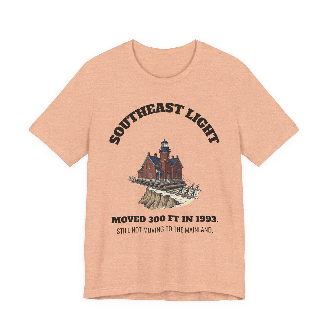 Southeast Light Lighthouse T-Shirt, Block Island in Heather Peach, BlockBoundRI
