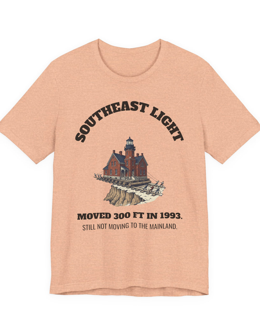 Southeast Light Lighthouse T-Shirt, Block Island in Heather Peach, BlockBoundRI