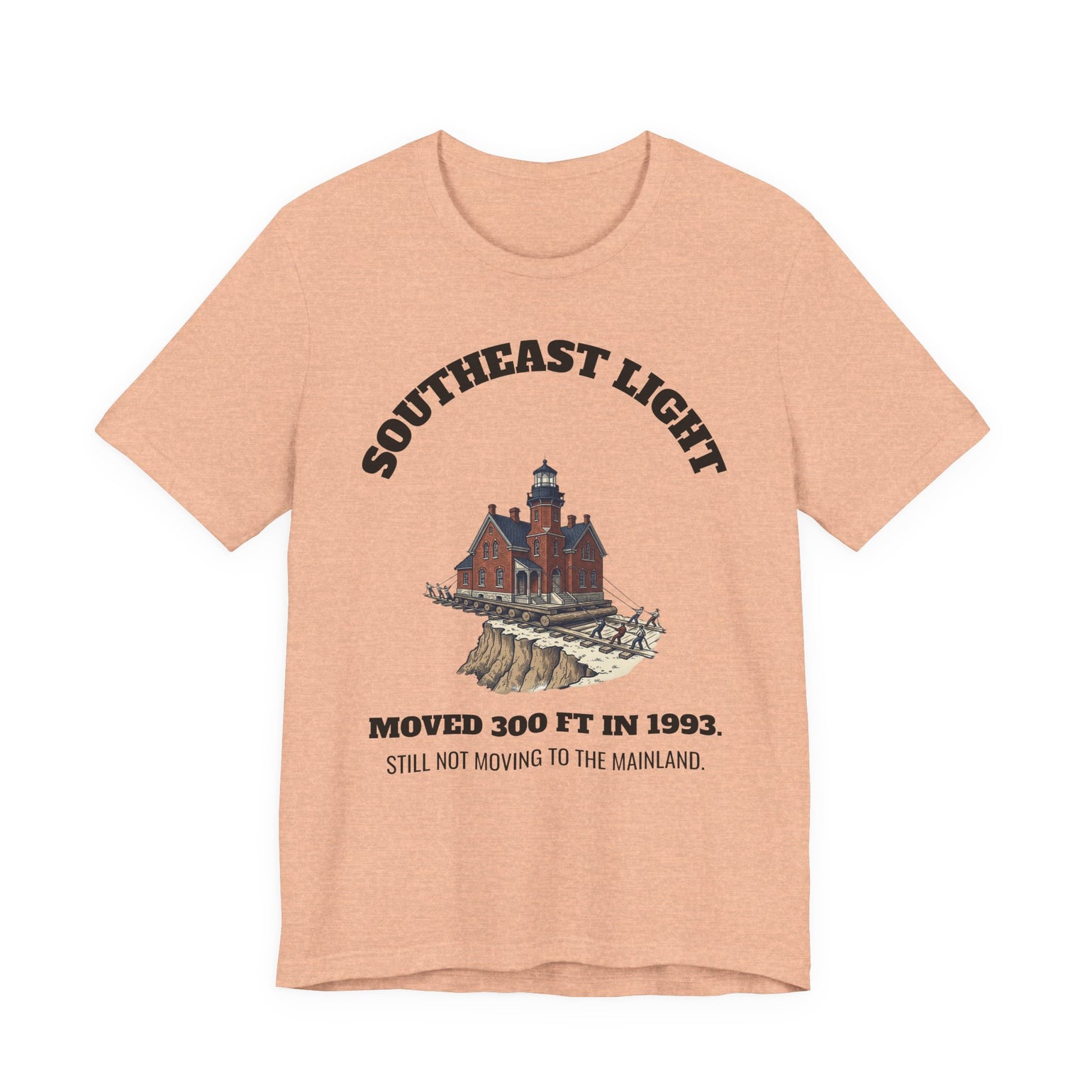 Southeast Light Lighthouse T-Shirt, Block Island in Heather Peach, BlockBoundRI