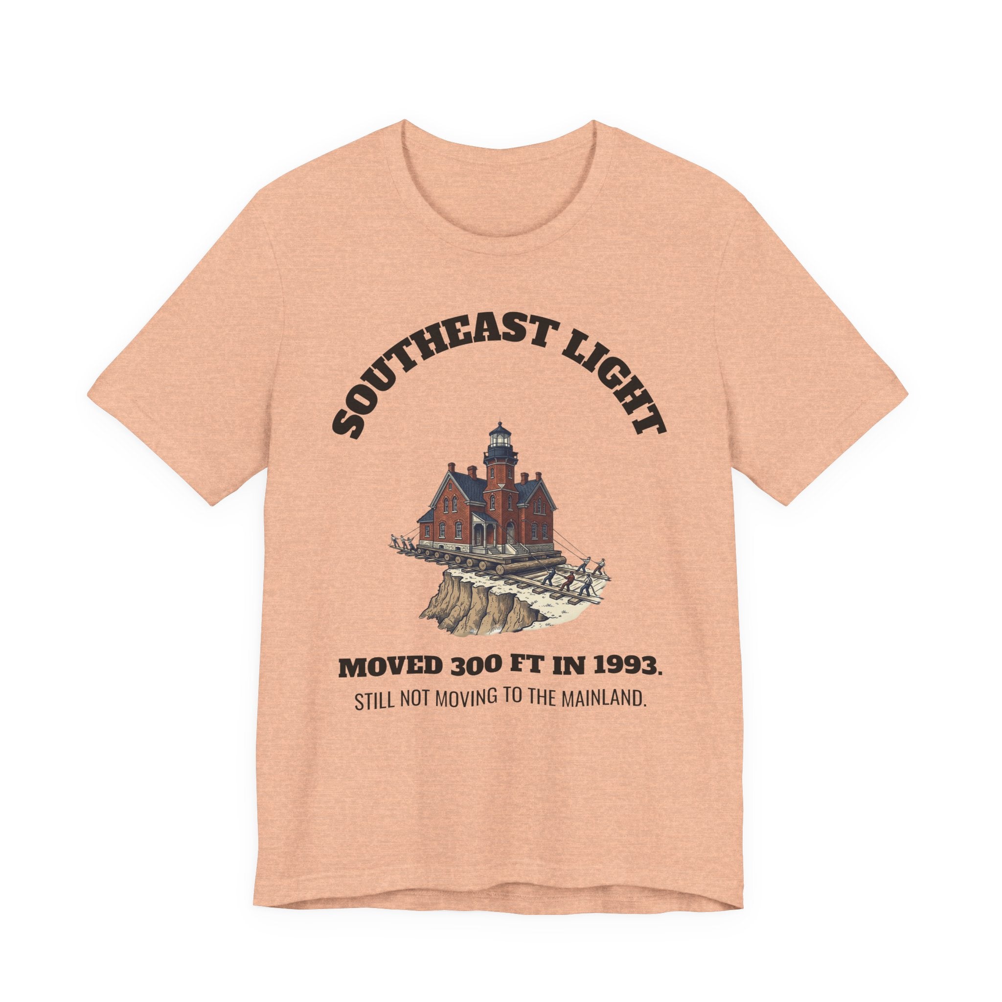 Southeast Light Lighthouse T-Shirt, Block Island in Heather Peach, BlockBoundRI