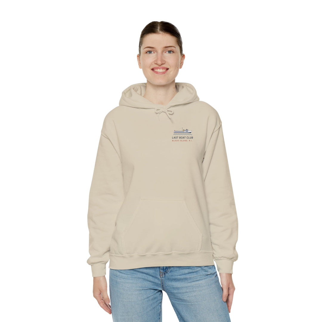 Last Boat Club hoodie: M/V BLOCK ISLAND ferry against a striped sunset, Block Island R.I. — view 26