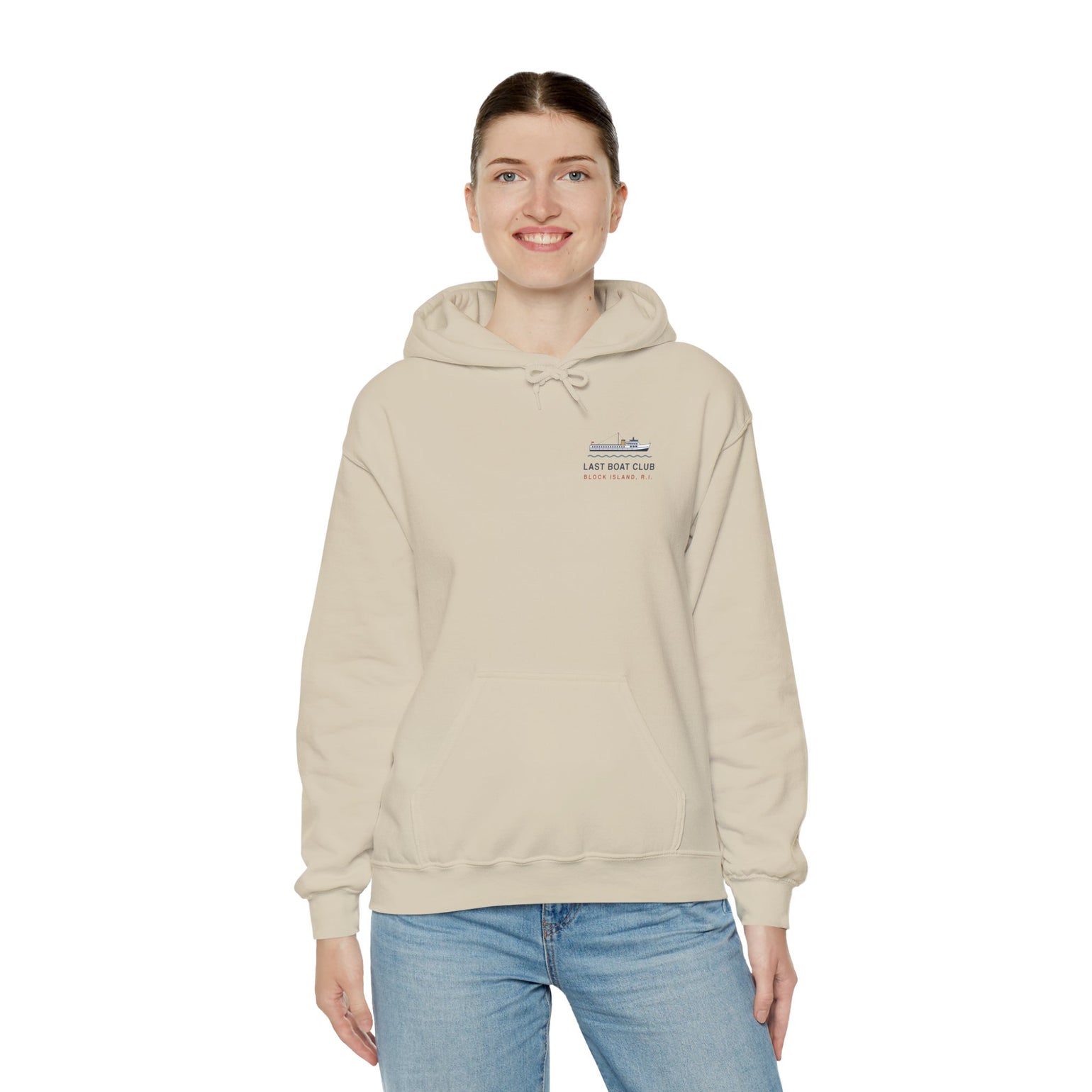 Last Boat Club hoodie: M/V BLOCK ISLAND ferry against a striped sunset, Block Island R.I. — view 26
