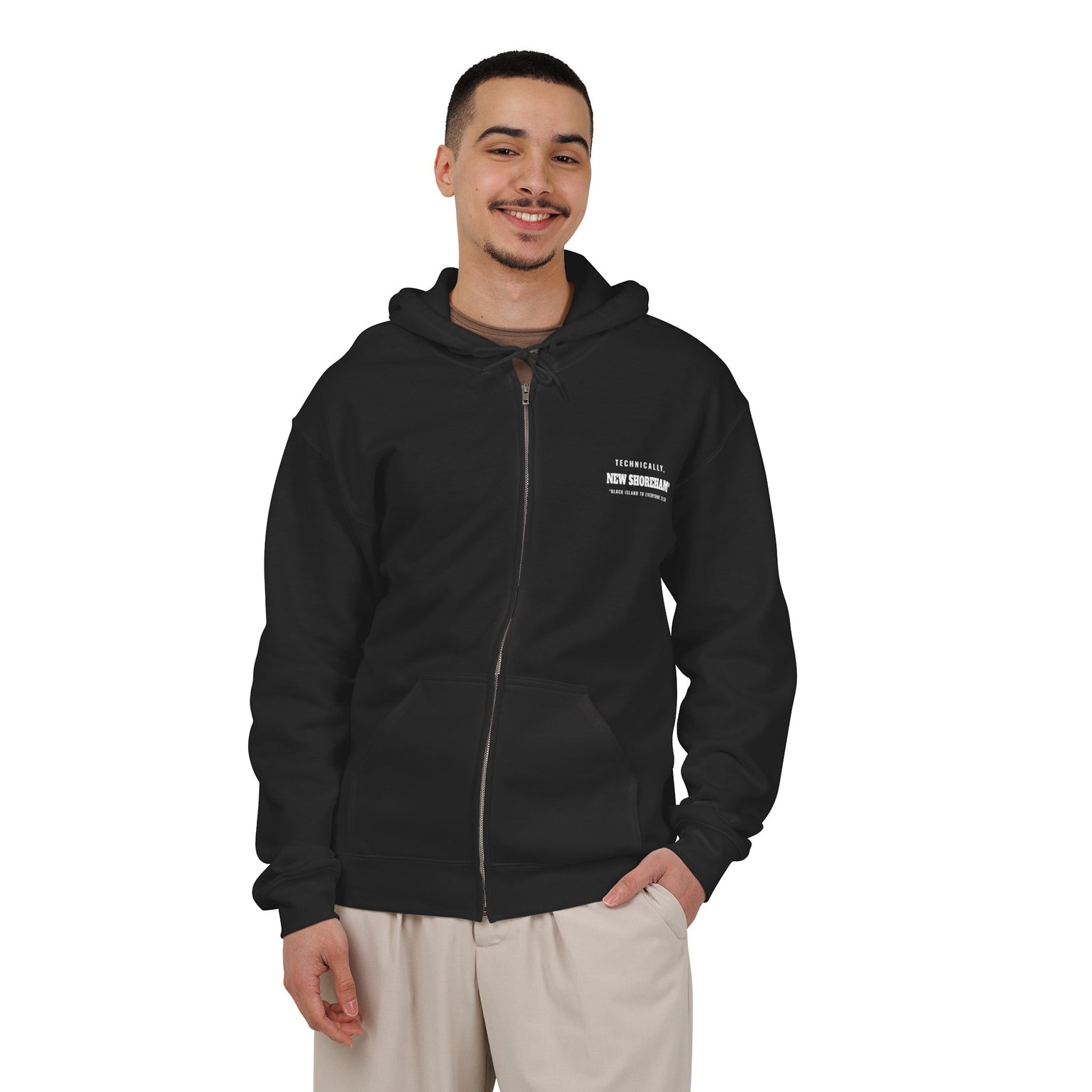 Technically New Shoreham Block Island full-zip hoodie in Black, on model, front - BlockBoundRI