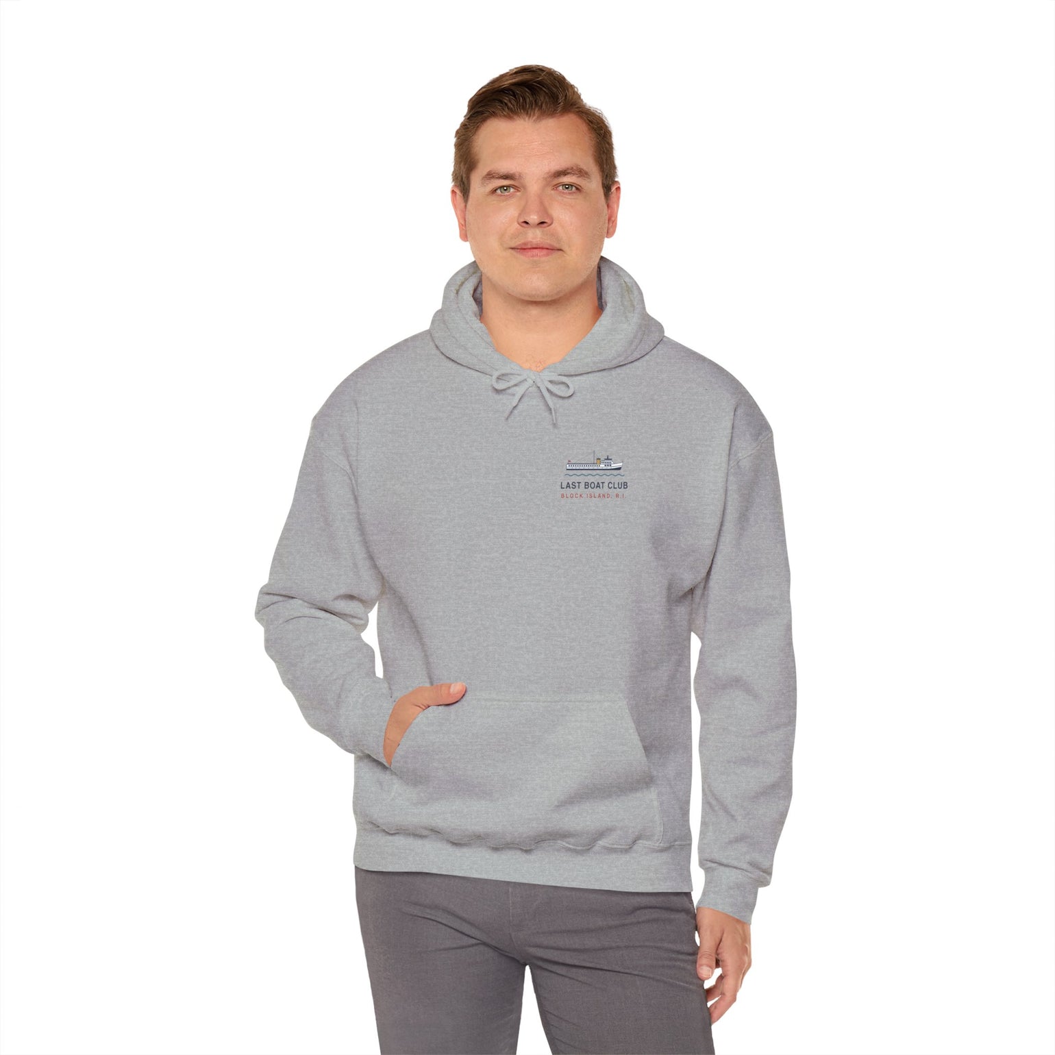 Last Boat Club hoodie: M/V BLOCK ISLAND ferry against a striped sunset, Block Island R.I. — view 40