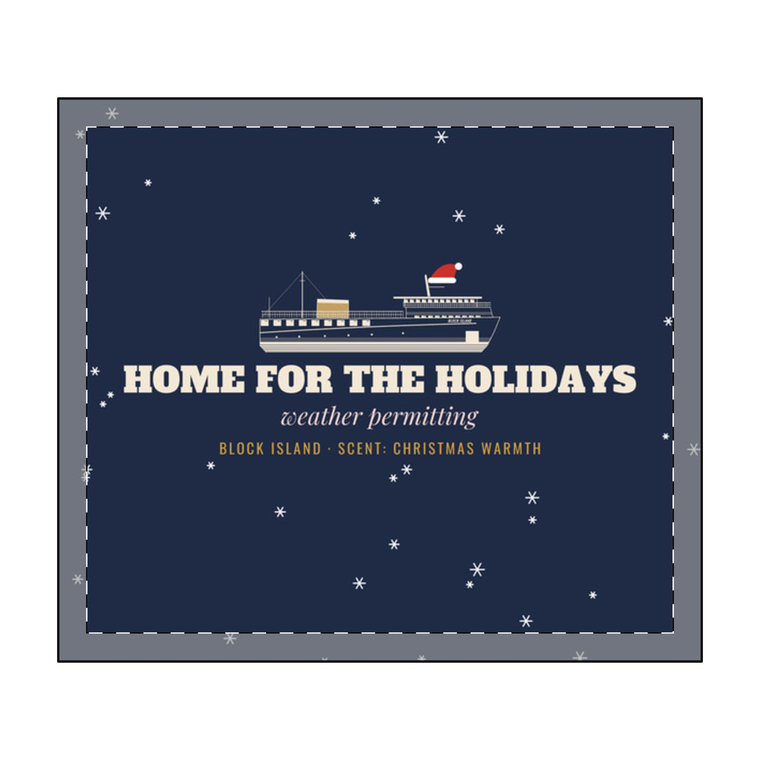 BlockBoundRI Home for the Holidays candle label art: ferry on navy, weather permitting, Christmas Warmth scent