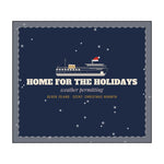 BlockBoundRI Home for the Holidays candle label art: ferry on navy, weather permitting, Christmas Warmth scent