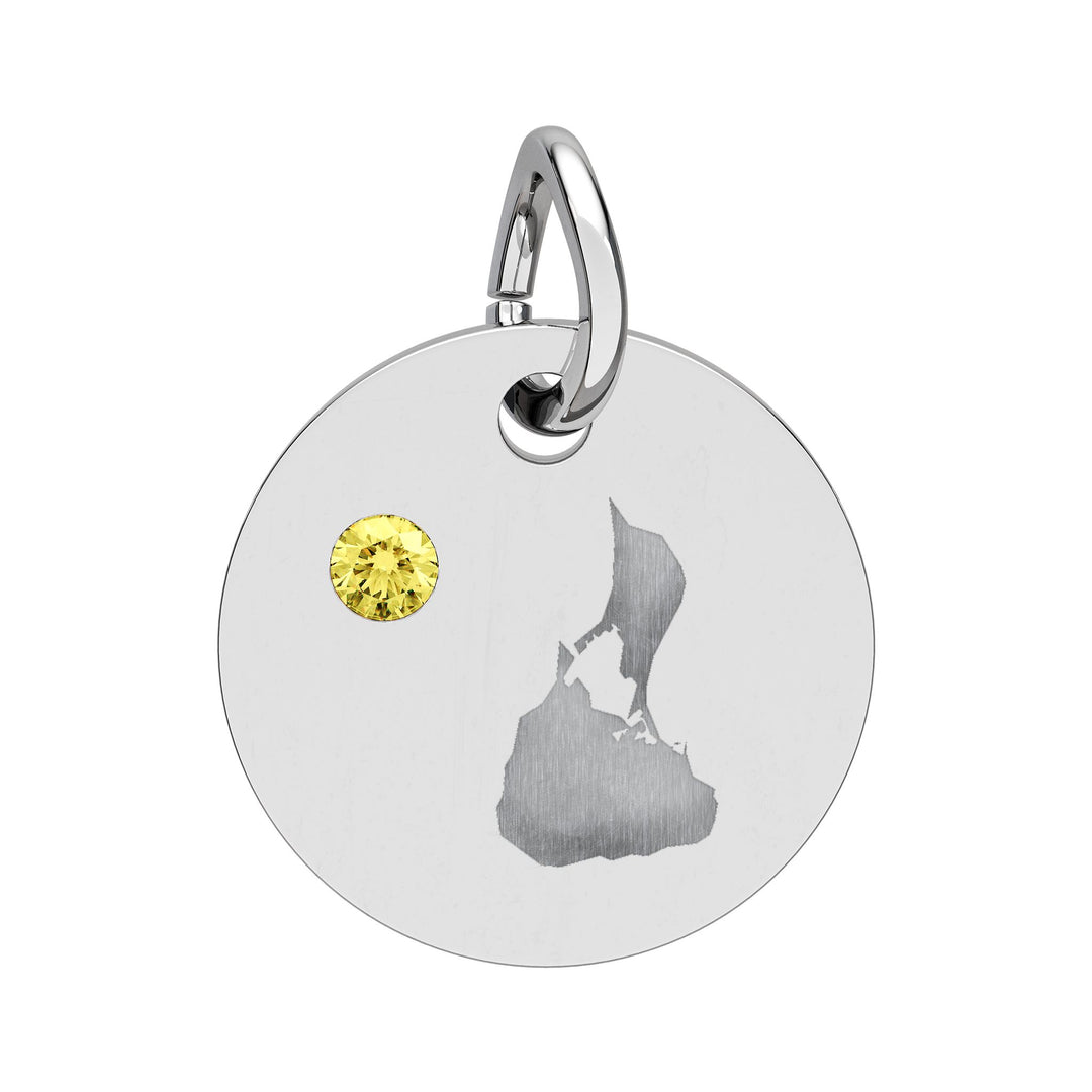 Round engraved Block Island charm with a cubic zirconia birthstone