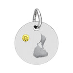 Round engraved Block Island charm with a cubic zirconia birthstone