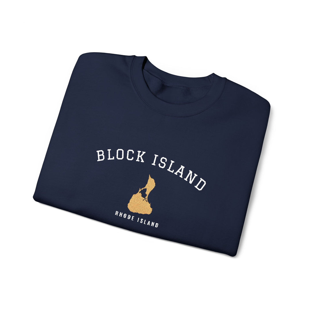 Crewneck sweatshirt with BLOCK ISLAND embroidered in arched varsity letters over a stitched Block Island map and RHODE ISLAND
