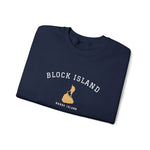 Crewneck sweatshirt with BLOCK ISLAND embroidered in arched varsity letters over a stitched Block Island map and RHODE ISLAND