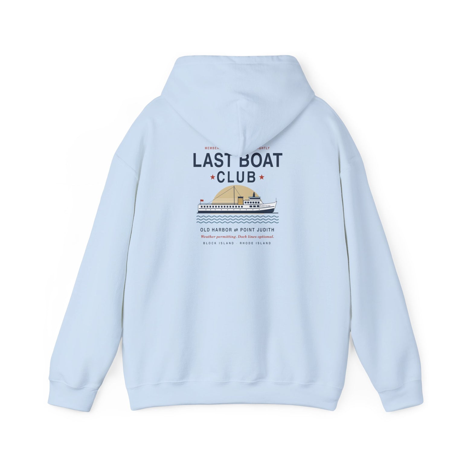Last Boat Club hoodie: M/V BLOCK ISLAND ferry against a striped sunset, Block Island R.I. — view 44