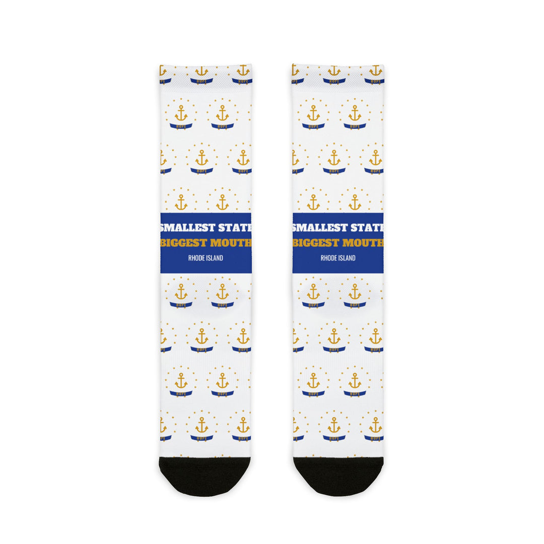 BlockBoundRI Smallest State Biggest Mouth Rhode Island socks, white with gold anchors and blue band, flat lay