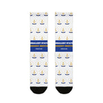 BlockBoundRI Smallest State Biggest Mouth Rhode Island socks, white with gold anchors and blue band, flat lay