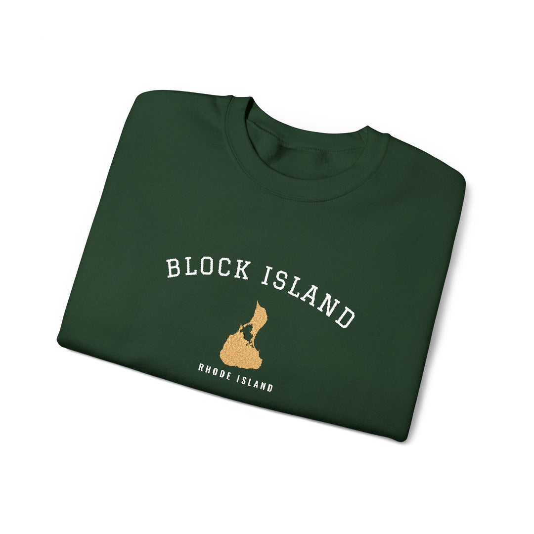 Crewneck sweatshirt with BLOCK ISLAND embroidered in arched varsity letters over a stitched Block Island map and RHODE ISLAND