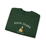 Crewneck sweatshirt with BLOCK ISLAND embroidered in arched varsity letters over a stitched Block Island map and RHODE ISLAND