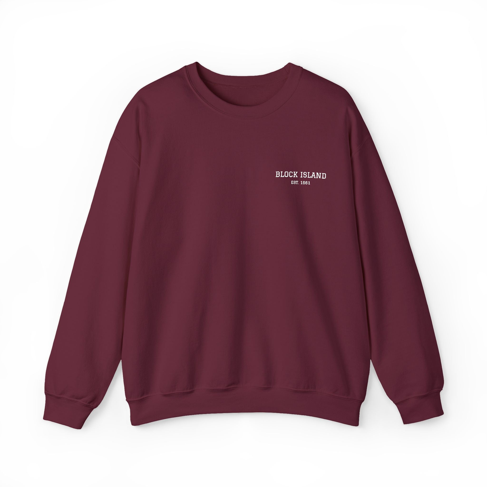 Block Island Est. 1661 Embroidered Crewneck in Maroon, BlockBoundRI
