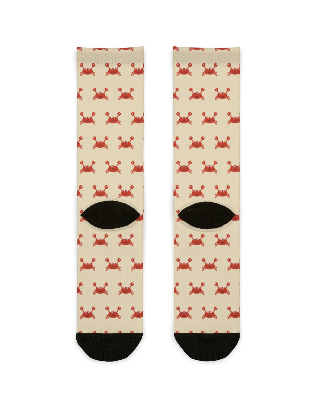 Back of the tan red-crab socks laid flat showing black heels and toes, Rhode Island socks with crab print