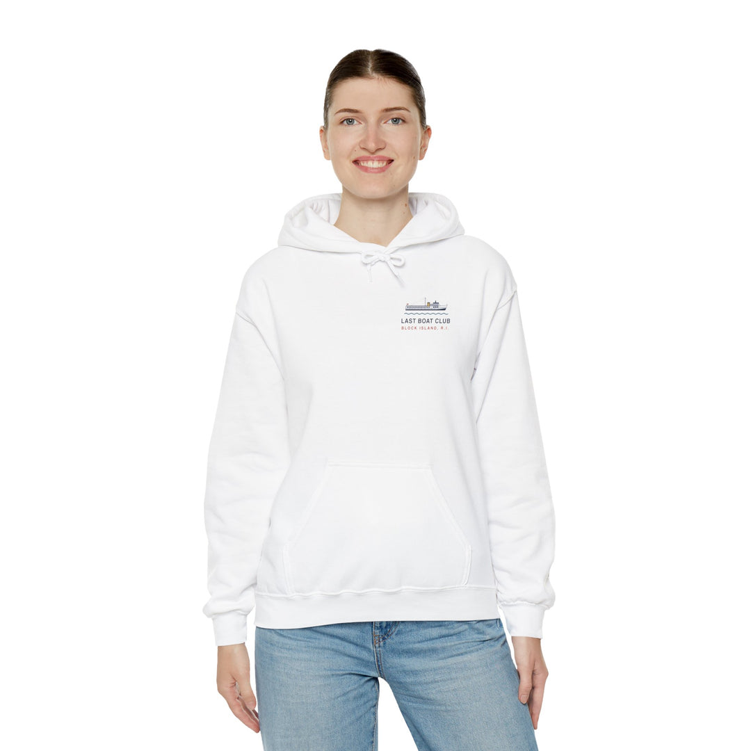Last Boat Club hoodie: M/V BLOCK ISLAND ferry against a striped sunset, Block Island R.I. — view 13