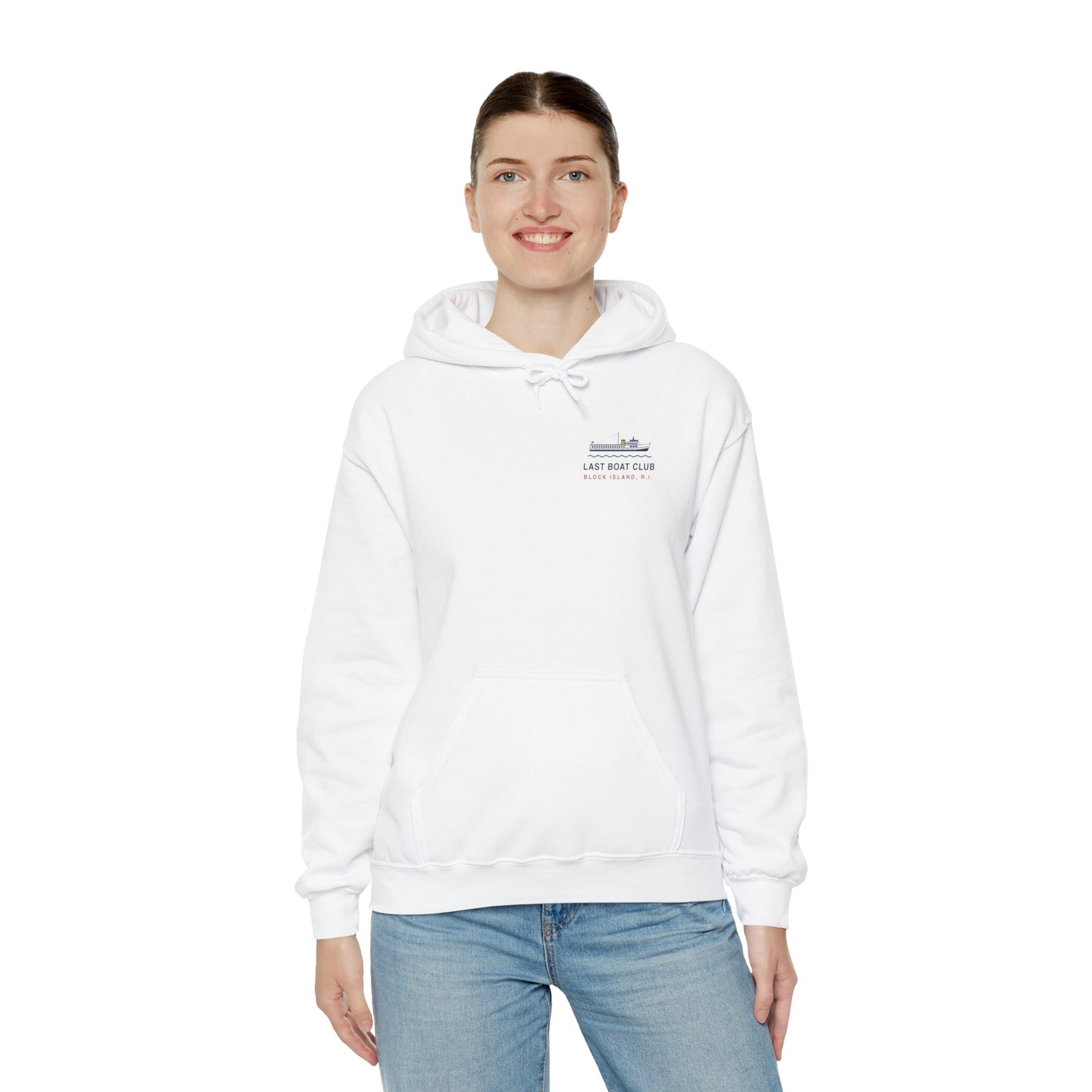 Last Boat Club hoodie: M/V BLOCK ISLAND ferry against a striped sunset, Block Island R.I. — view 13
