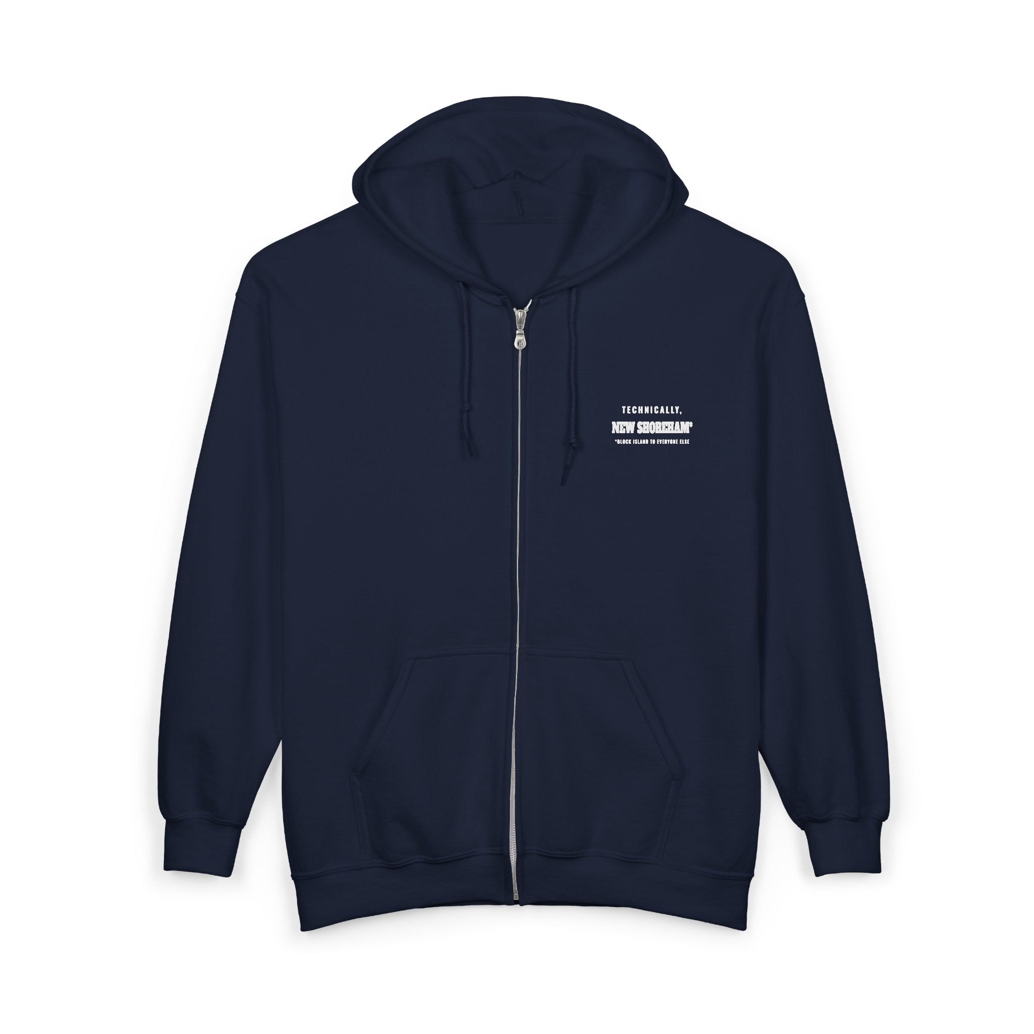 Technically New Shoreham Block Island full-zip hoodie in Navy, front - BlockBoundRI