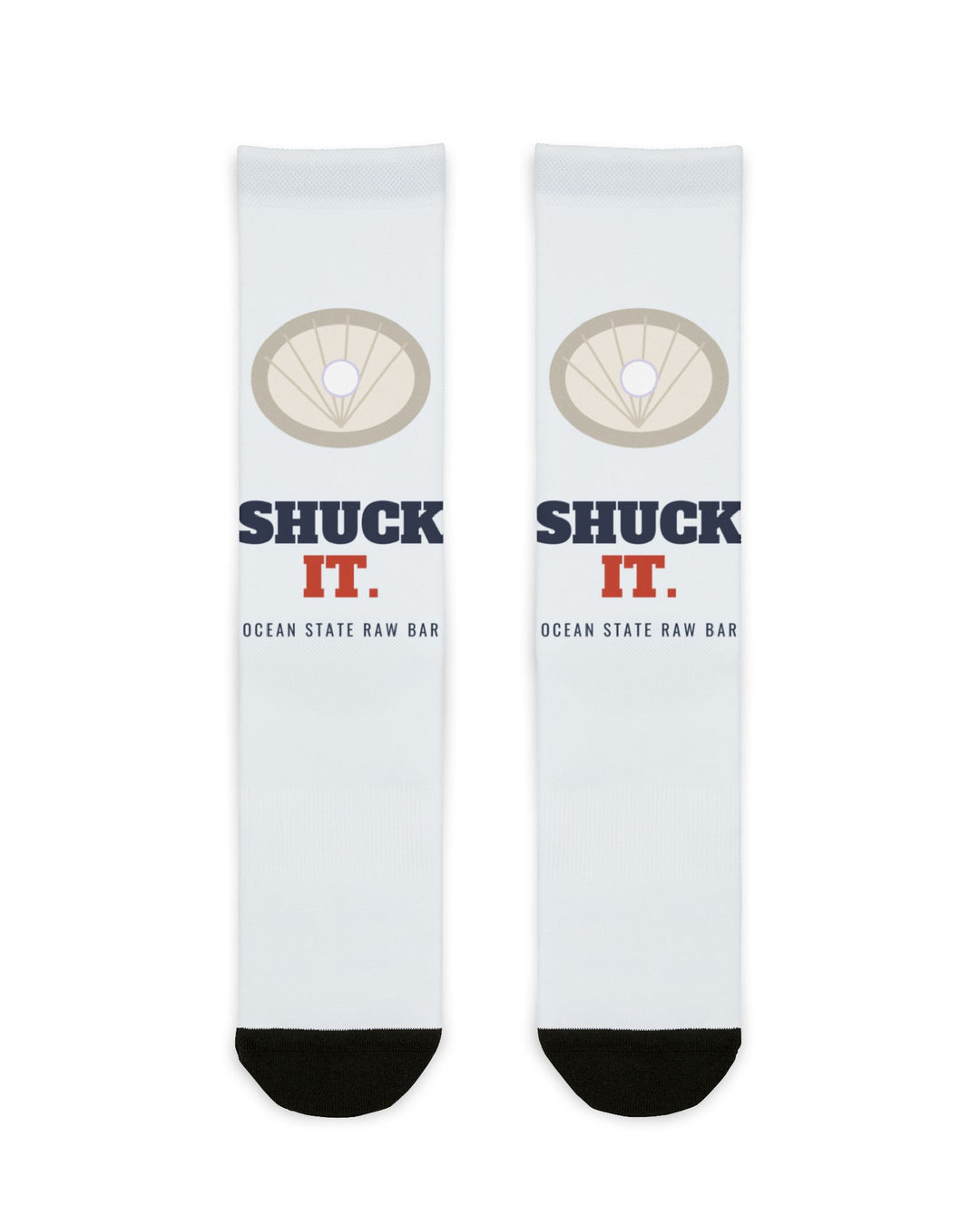 BlockBoundRI Shuck It oyster socks flat lay front, white with oyster shell and Ocean State Raw Bar text