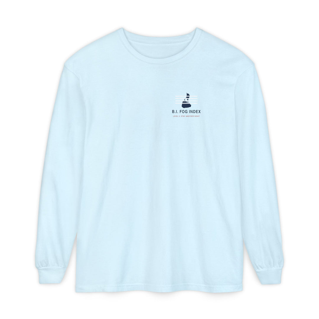 Block Island Fog Index long sleeve: five fog levels from Clear to Island Classic with ferry illustrations — view 4
