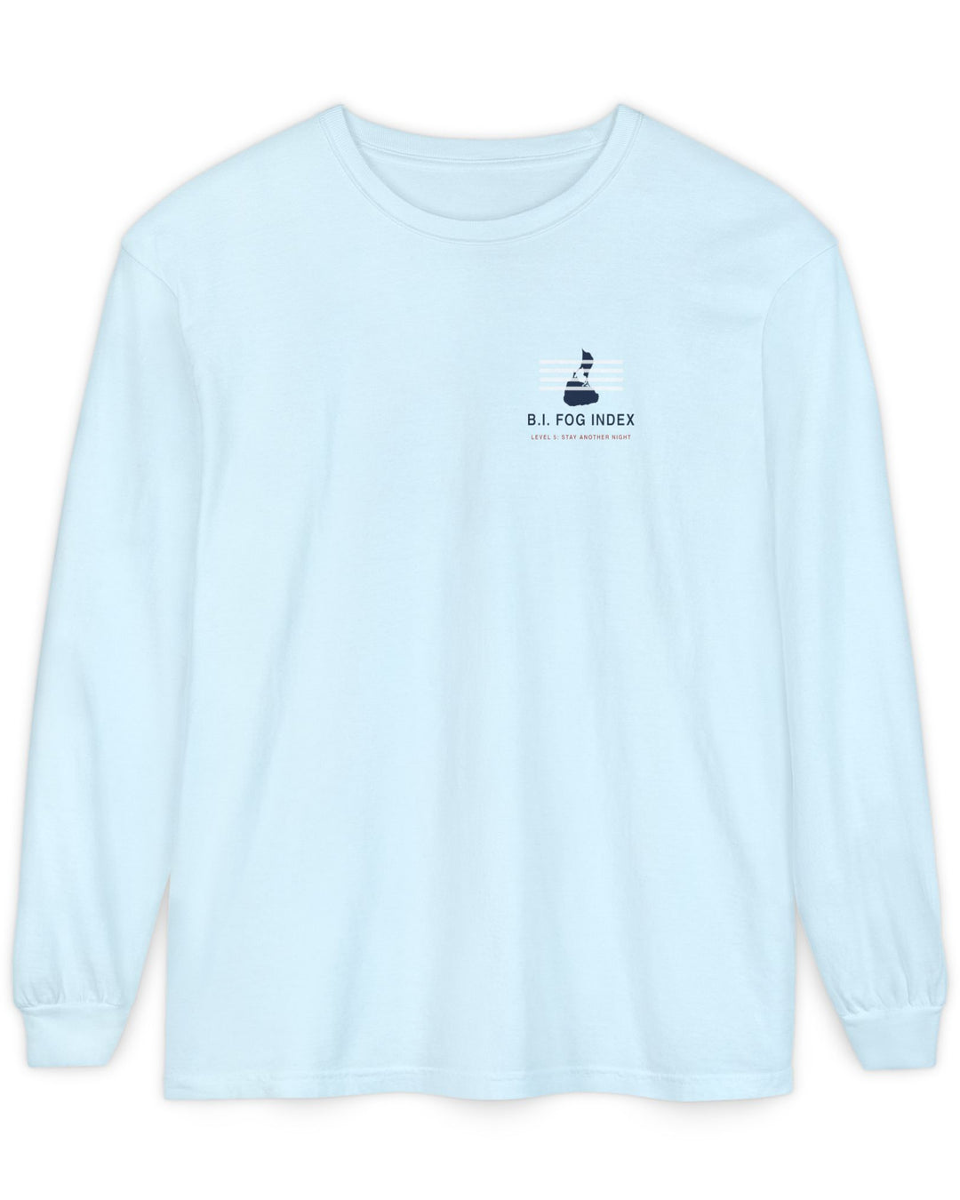 Block Island Fog Index long sleeve: five fog levels from Clear to Island Classic with ferry illustrations — view 4