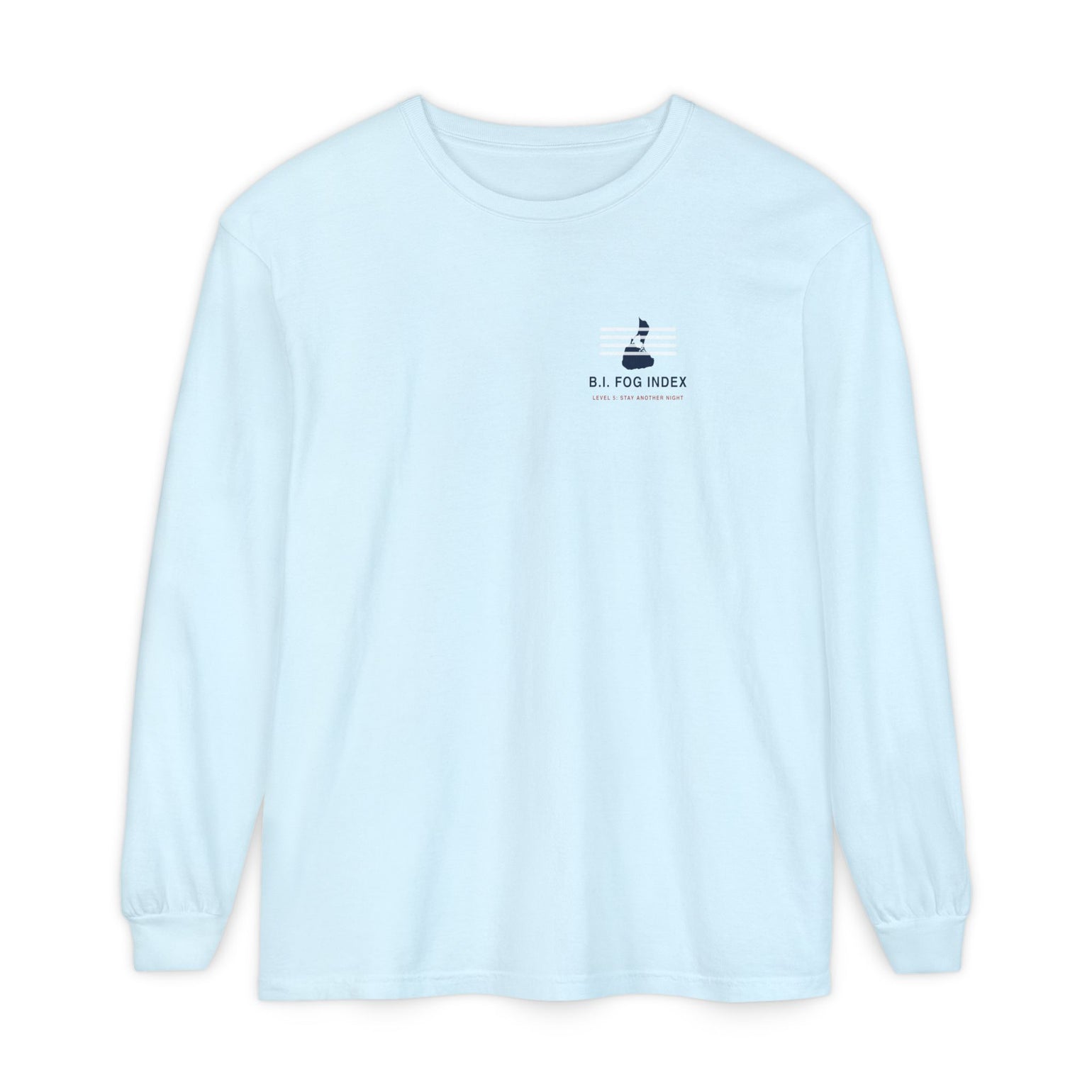 Block Island Fog Index long sleeve: five fog levels from Clear to Island Classic with ferry illustrations — view 4