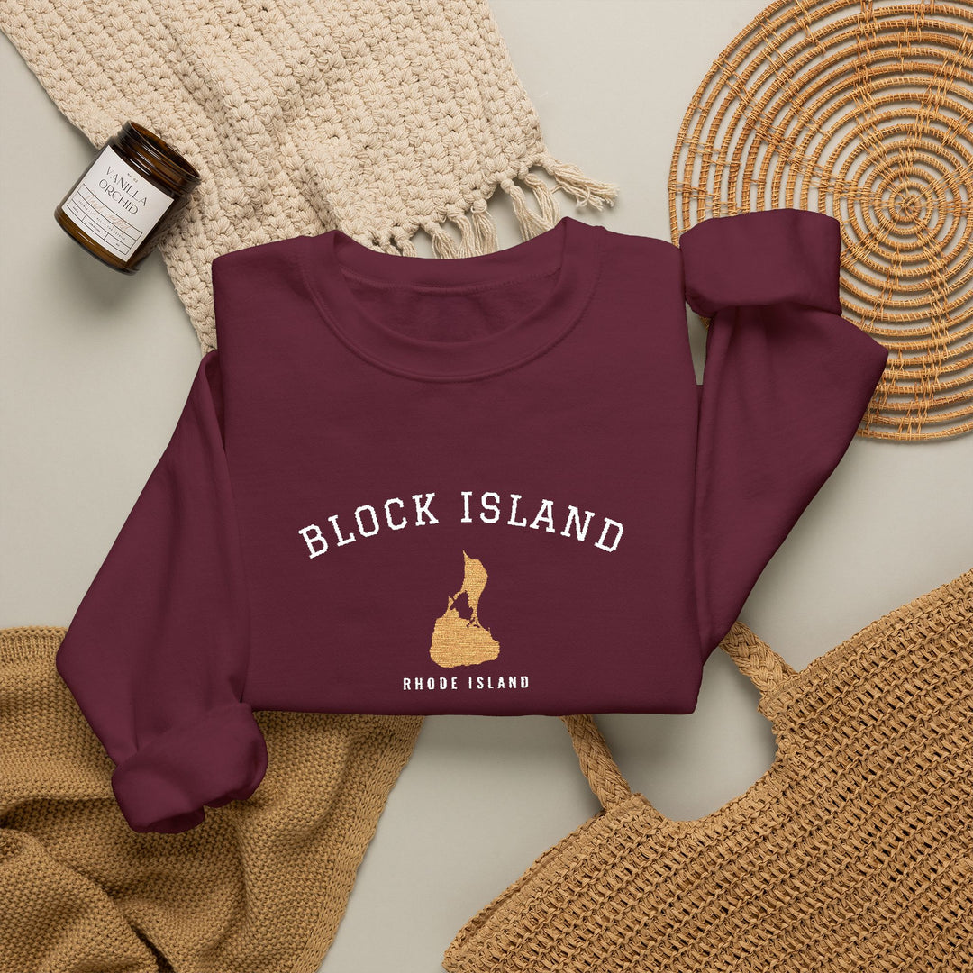 Crewneck sweatshirt with BLOCK ISLAND embroidered in arched varsity letters over a stitched Block Island map and RHODE ISLAND